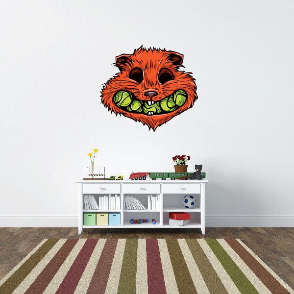 Tennis mascot wall decal, orange cartoon head with green tennis balls eyes
