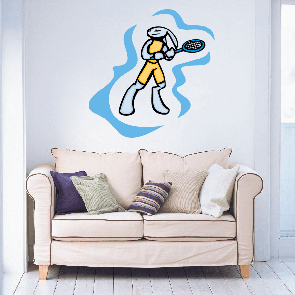 Tennis wall decal of cartoon tennis player with racket in blue splash background