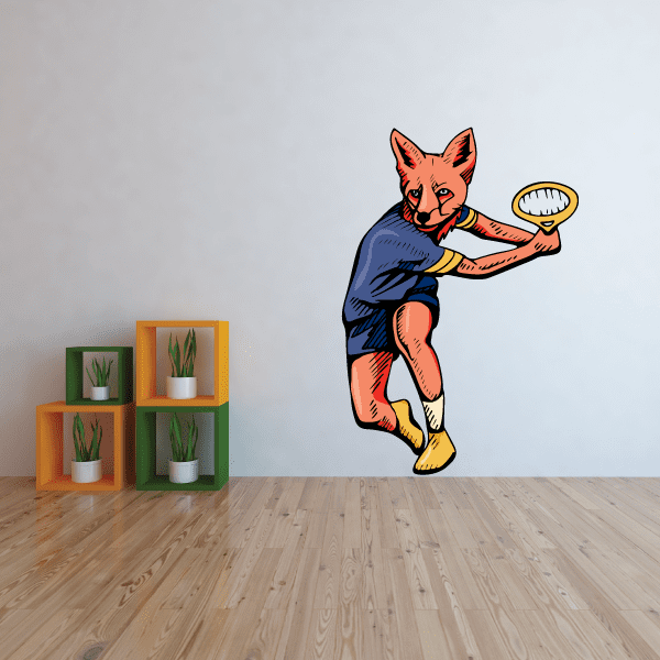 Tennis wall decal of an orange fox holding a tennis racket, die-cut vinyl sticker