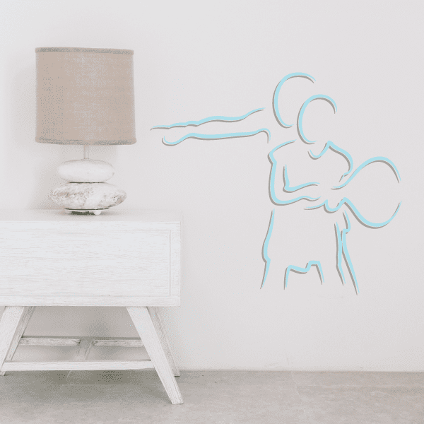 Tennis wall decal sticker of a light blue tennis player with racket silhouette