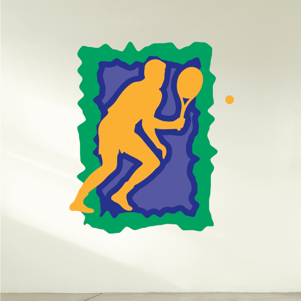 Tennis wall decal sticker with yellow tennis player silhouette on dark blue, green outline