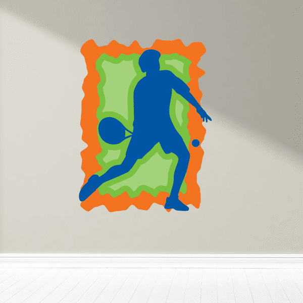Colorful tennis player wall decal sticker with orange border and green background