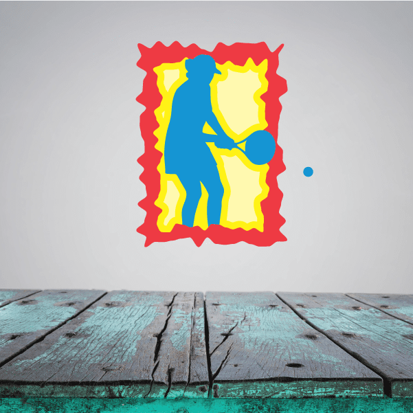 Tennis wall decal sticker with red scalloped border and blue-yellow tennis player