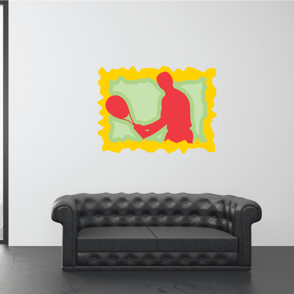 Tennis wall decal sticker with yellow scalloped border, red tennis player holding racket.