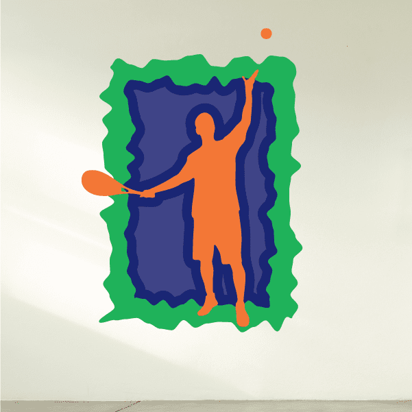Tennis player die-cut vinyl sticker with orange figure and blue racket, green border