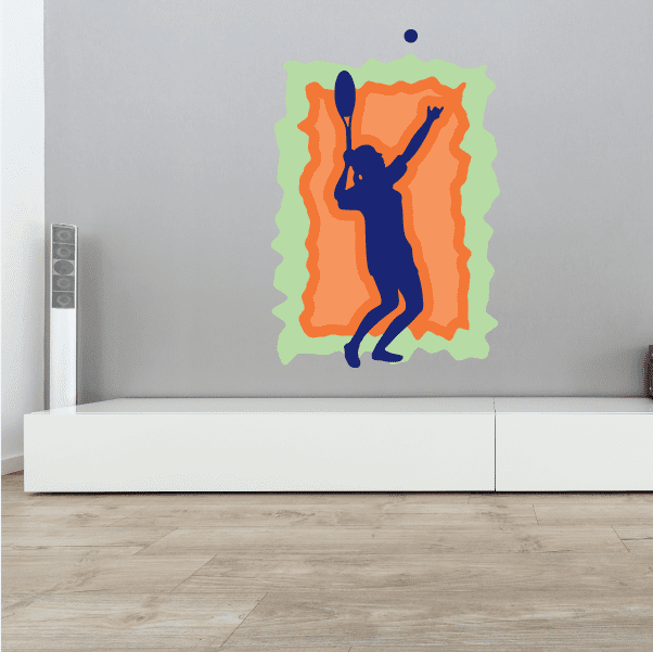 Tennis player wall decal sticker with orange flame backdrop and blue silhouette holding racket