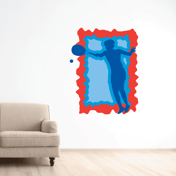 Tennis wall decal sticker with blue tennis player silhouette and red border