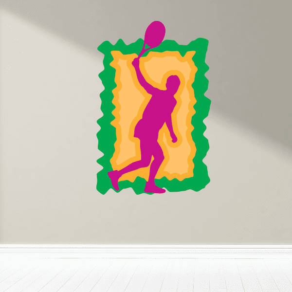 Colorful tennis player wall decal sticker in green, yellow, and pink with racket