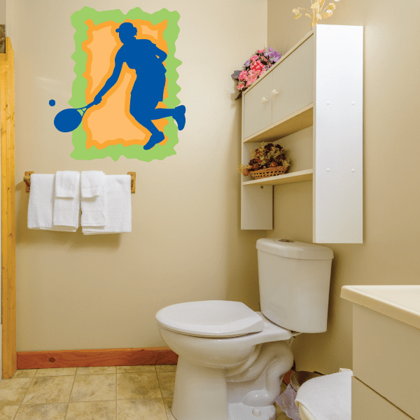 Tennis wall decal sticker with colorful tennis player in outlined square