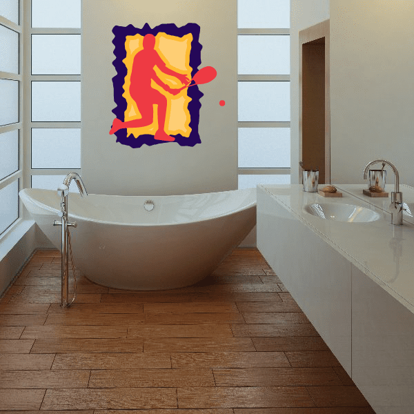 Tennis player wall decal sticker, colorful red and yellow with purple outline