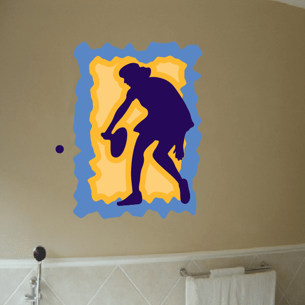 Tennis wall decal sticker: dark silhouette with yellow racket on blue border