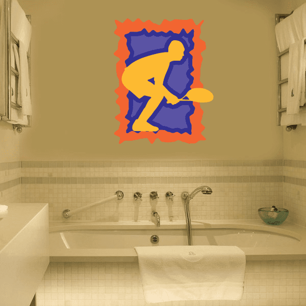 Tennis wall decal sticker, blue tennis player with orange jagged border