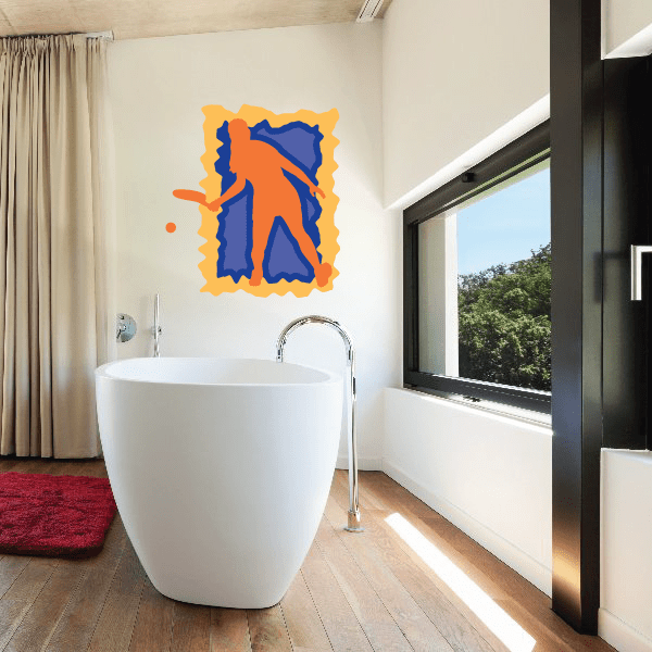Blue tennis player wall decal with orange splash border