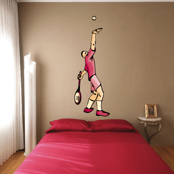 Tennis wall decal of cartoon player holding a racket and ball, in red and pink