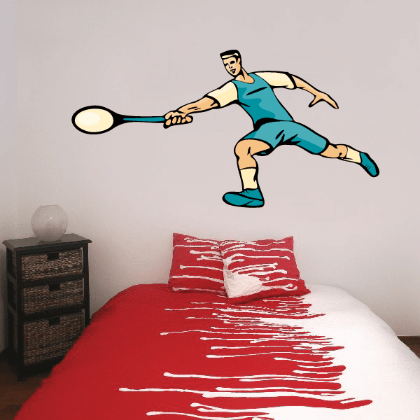Tennis wall decal vinyl sticker: teal player stretching with tennis racket, die-cut