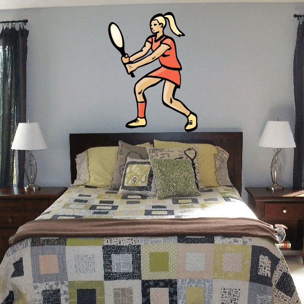 Tennis wall decal sticker of a cartoon player swinging a tennis racket, red outfit