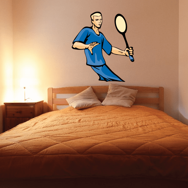 Blue tennis player wall decal with tennis racket and ball, vinyl die-cut sticker