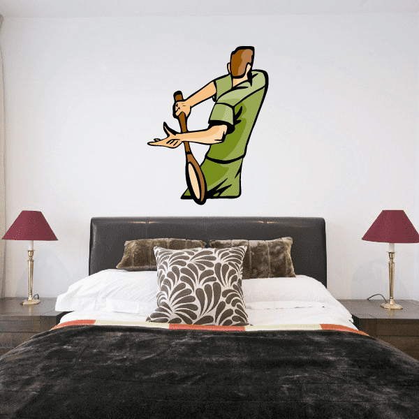 Tennis wall decal vinyl sticker of a cartoon tennis player in green outfit