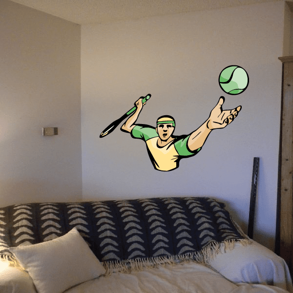 Tennis wall decal of a cartoon player swinging a racket, green and yellow accents