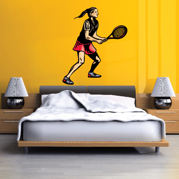 Tennis wall decal of a woman tennis player holding a racket, red skirt and black outfit.
