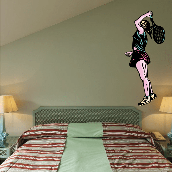 Tennis player wall decal vinyl sticker, pink and black outfit, die-cut figure