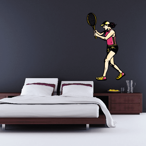 Tennis wall decal sticker of cartoon player swinging a racket, die-cut vinyl design