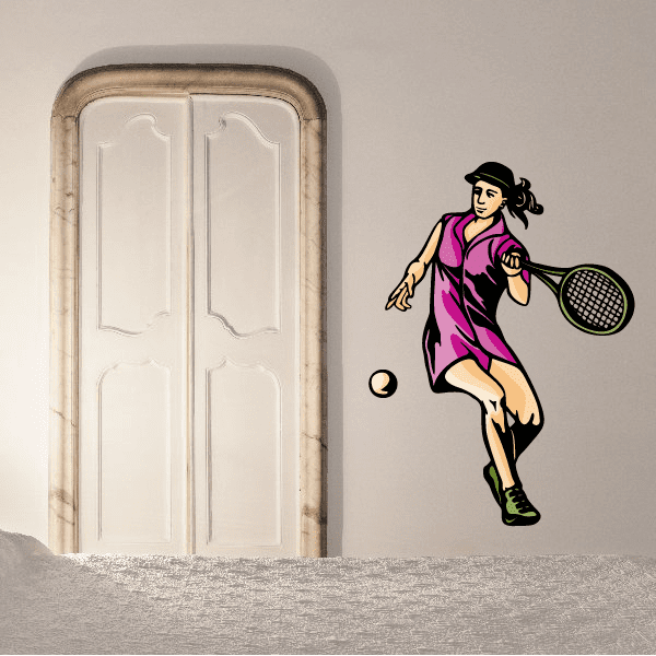 Tennis wall decal sticker: female tennis player in purple dress holding green racket