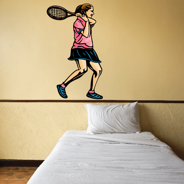 Tennis wall decal sticker of running player with pink shirt, blue skirt, holding racket