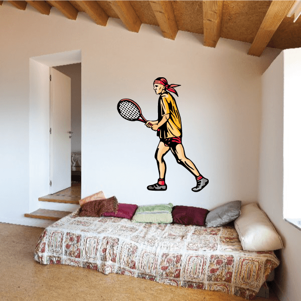 Tennis player vinyl wall decal sticker, yellow shirt and holding black tennis racket