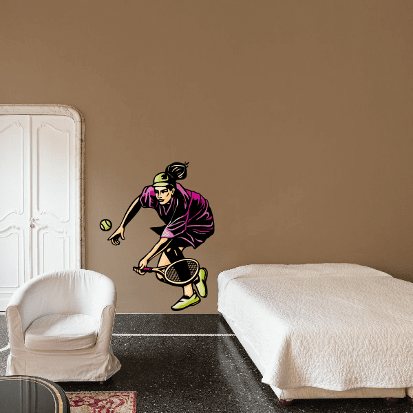 Tennis wall decal sticker of a purple tennis player mid-serve