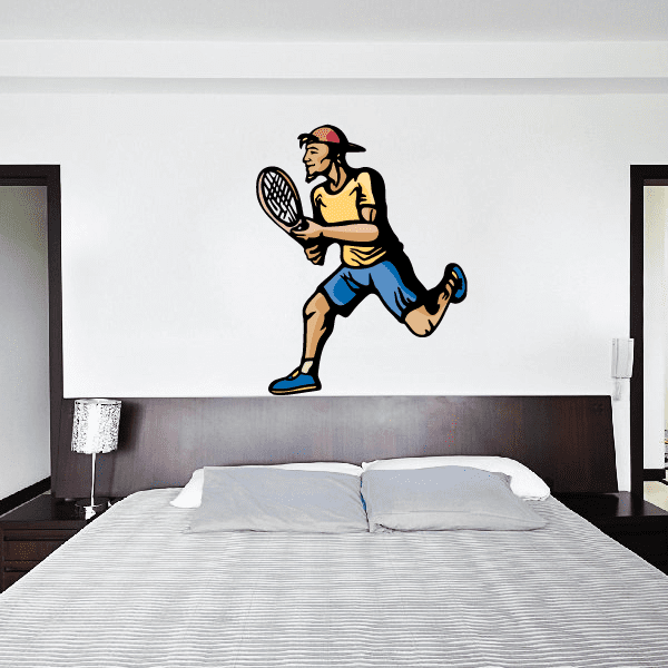 Tennis wall decal of a cartoon tennis player holding a racket