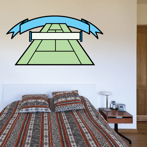 Tennis court wall decal vinyl sticker with net, lines, and blue canopy banner
