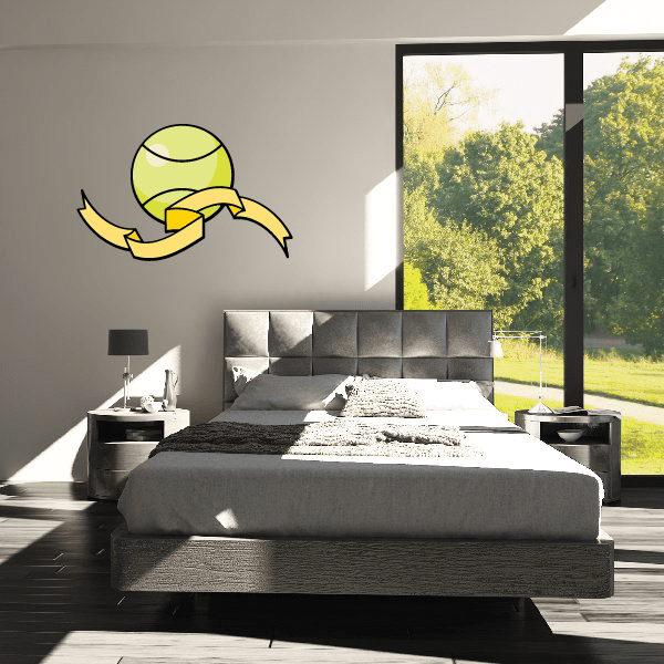 Tennis wall decal with yellow tennis ball and racket, die-cut vinyl sticker