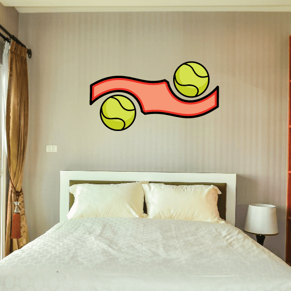 Tennis wall decal sticker with multicolor tennis racquet and two yellow tennis balls