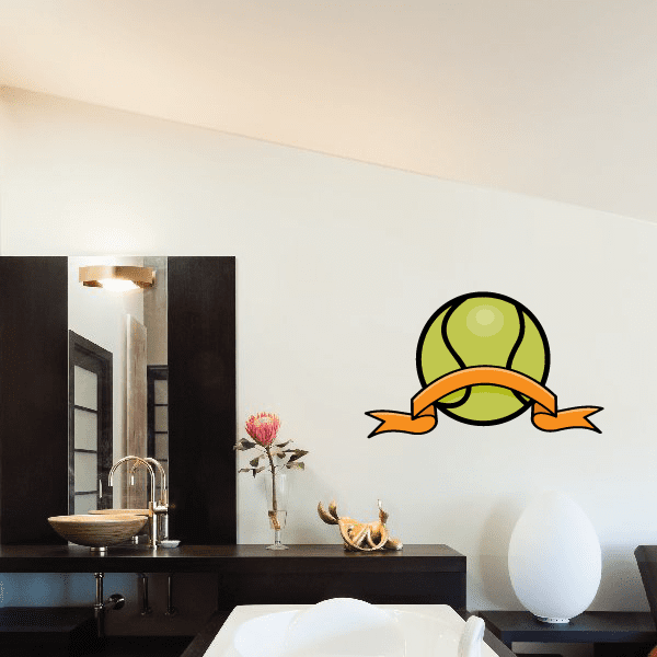 Tennis wall decal sticker with cartoon green tennis ball and orange banner