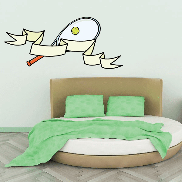 Tennis wall decal sticker of cartoon player with tennis racket and yellow ball