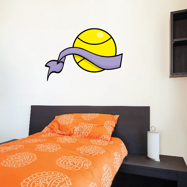 Tennis ball wall decal sticker with purple ribbon banner, die-cut vinyl