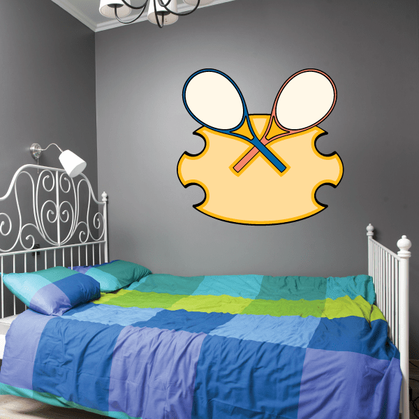 Tennis wall decal with crossed tennis rackets and heart on yellow shape.