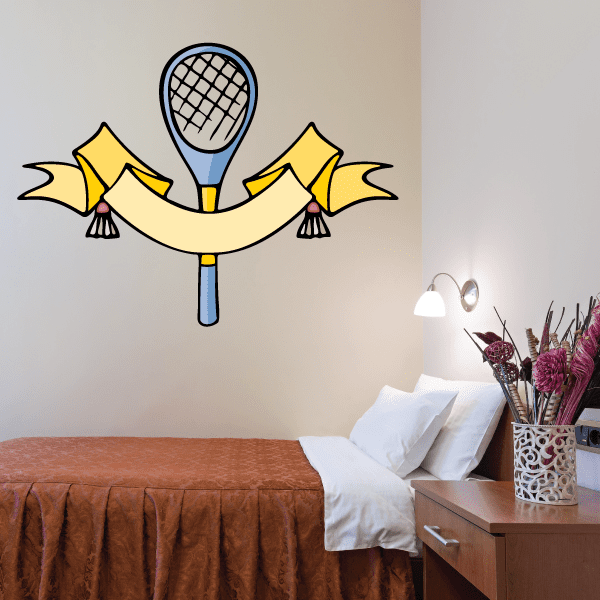 Tennis wall decal vinyl sticker with blue racket and yellow curved banner wings