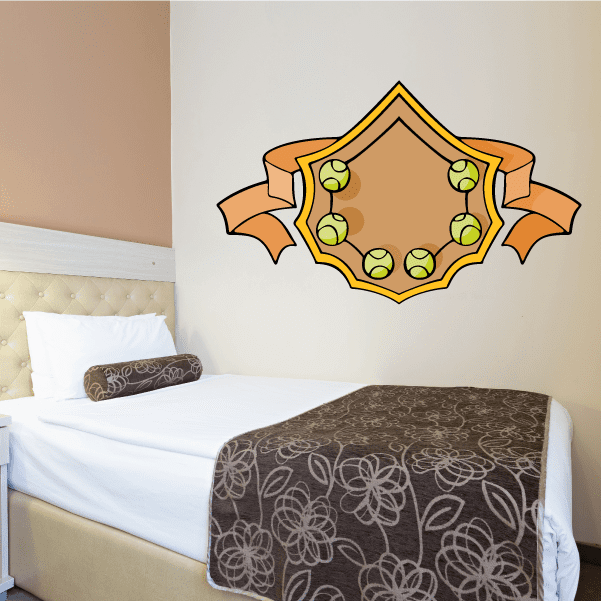 Tennis-themed wall decal: orange badge with green tennis balls border