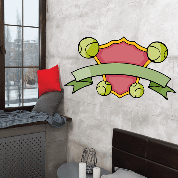 Tennis wall decal sticker with pink banner and green tennis ball rackets