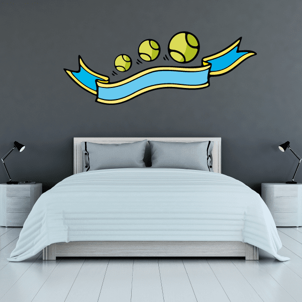 Tennis wall decal vinyl sticker with yellow tennis balls on blue ribbon graphic