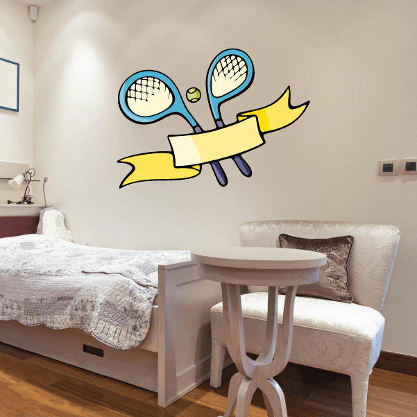 Tennis wall decal sticker with blue rackets and yellow ribbon banner, die-cut vinyl