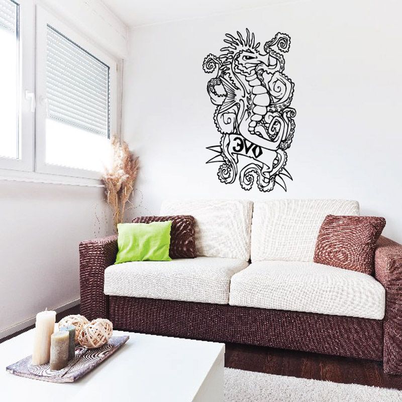 Black line-art seahorse with curling tentacles wall decal