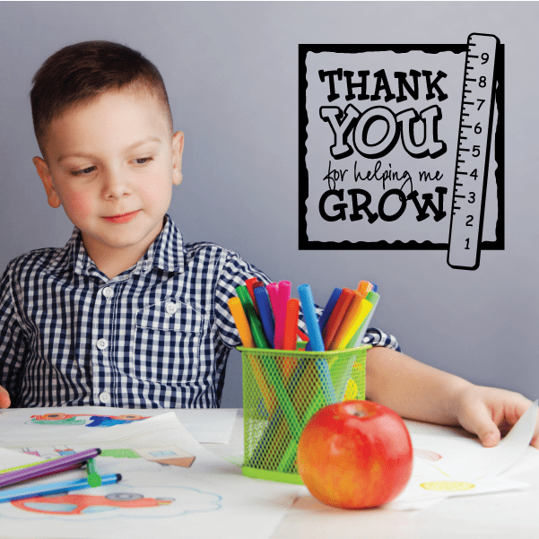 Thank you for helping me Grow wall decal with black and white quote and ruler