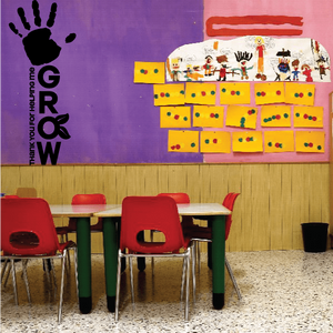 Black handprint decal with vertical "thank you for helping me grow" text
