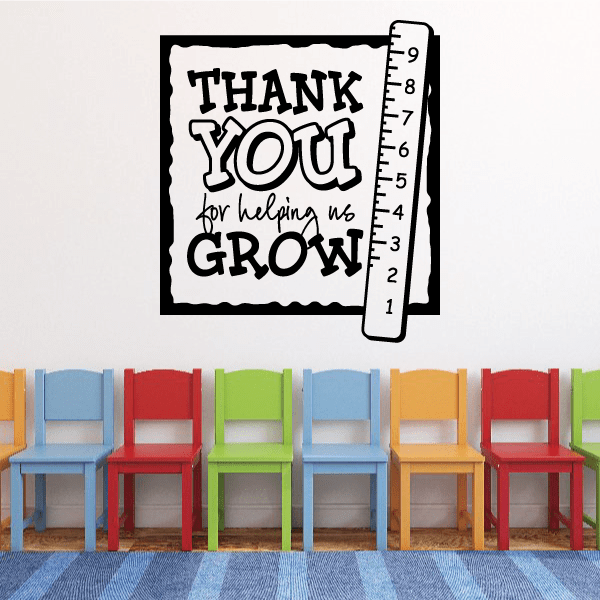 White square wall decal with bold black "THANK YOU" and "GROW" lettering