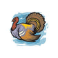 Turkey resting cartoon sticker with fanned tail feathers, brown gray and gold