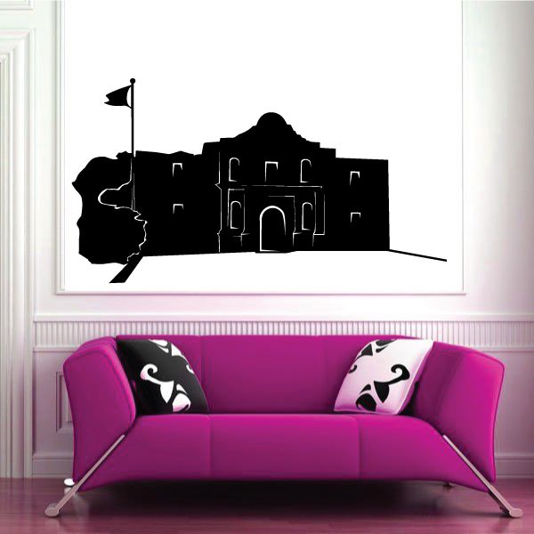 Texas Alamo wall decal, black silhouette of fort with flag and outline map