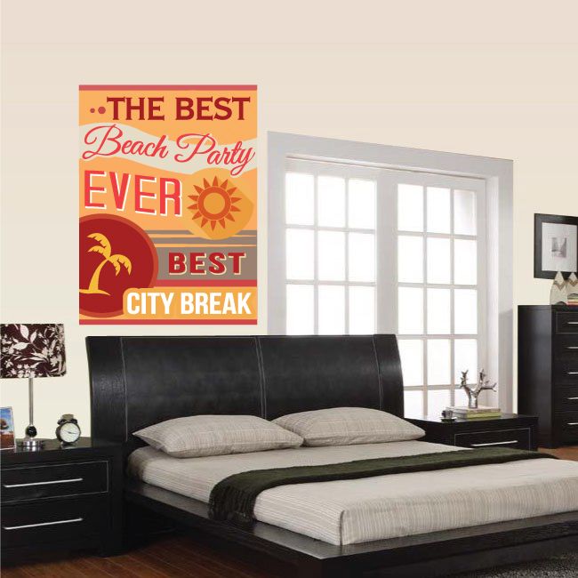 Typography wall decal: THE BEST Beach Party EVER BEST CITY BREAK, sun and palm icons